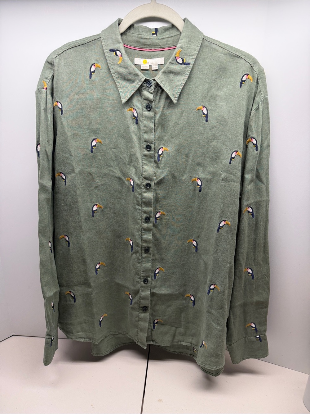Boden Cotton Button Up 100% Linen Shirt Size 14R Green Tucan Tropical